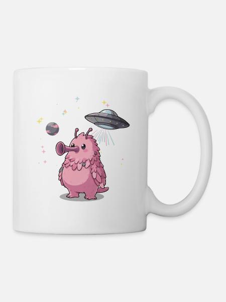Niedliches pinkes Alien mit Ufo im Weltraum - Tasse - Weiß