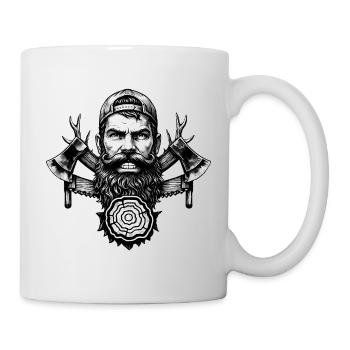 Holzfäller mit Bart, Äxten und Baumstamm  - Tasse - Weiß - Rechts