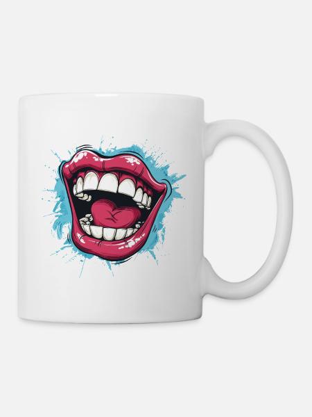 Laughing Cartoon mouth wide open with red lips - Mug - white
