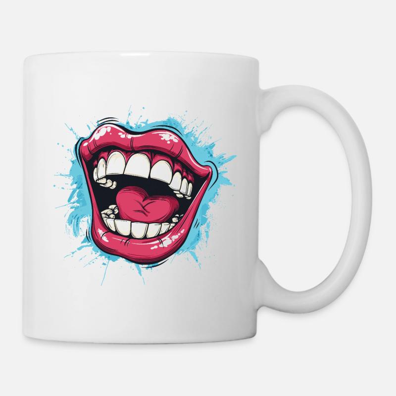 Laughing Cartoon mouth wide open with red lips - Mug - white