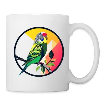 Bunter Wellensittich Papagei auf Ast Kunst Design - Tasse - Weiß - Rechts