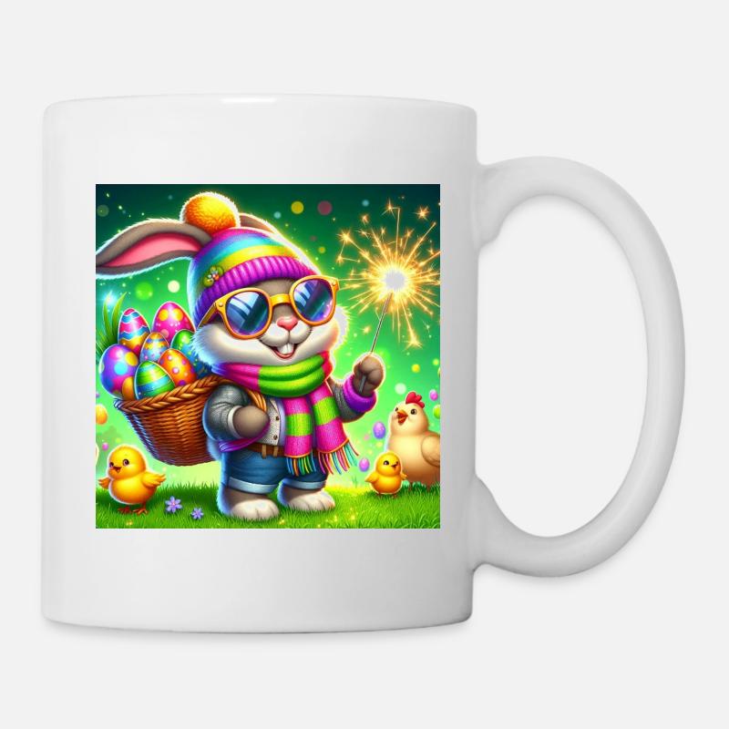 Osterhase mit Eierkorb und Glitzerwunderkerze - Tasse - Weiß