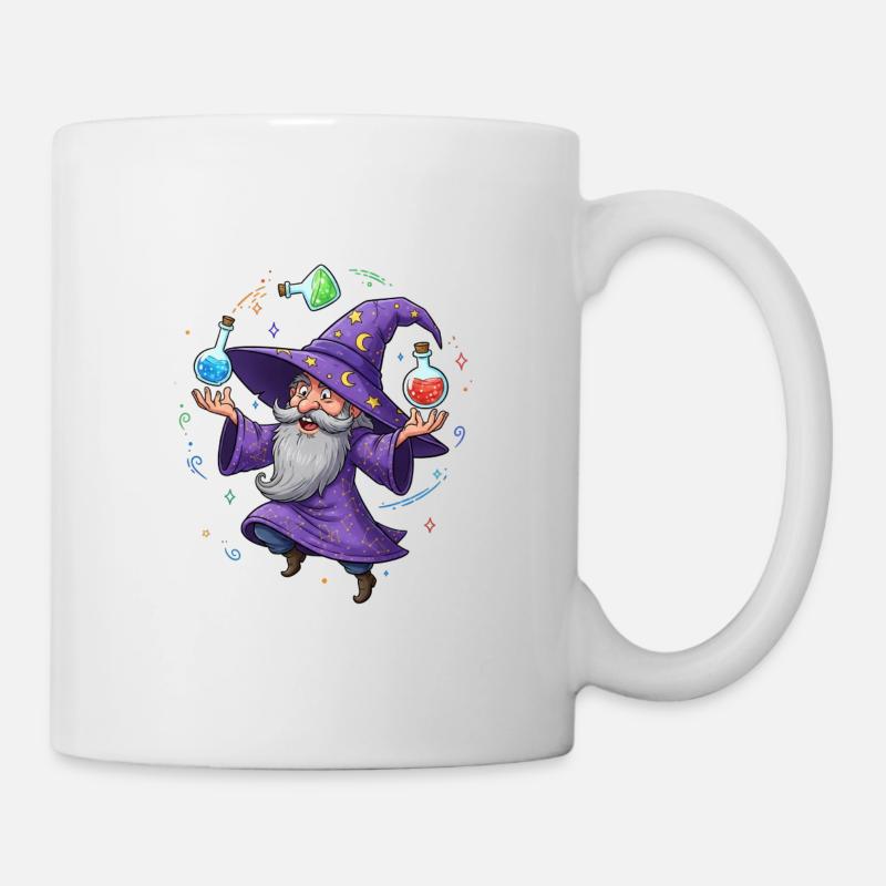 Ein Magier in einem lila Umhang mit einem Elixier - Tasse - Weiß