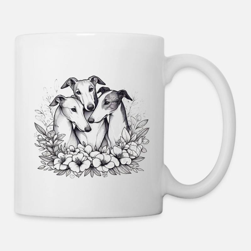 Drei Windhunde im Blumenkreis - Tasse - Weiß