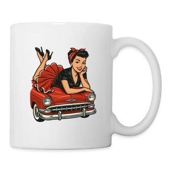 Pin-Up Woman on Vintage Car: Rockabilly Retro Look - Mug - white - Right