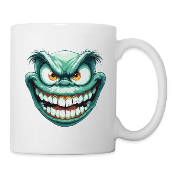 Light greeny face with crazy look and sneaky smile - Mug - white - Right
