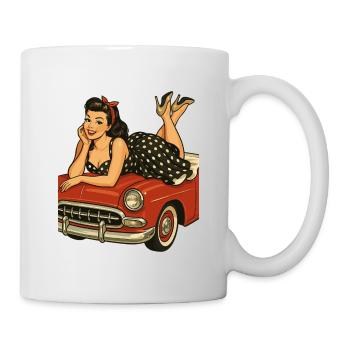 Rockabilly pin-up on vintage car in retro style - Mug - white - Right