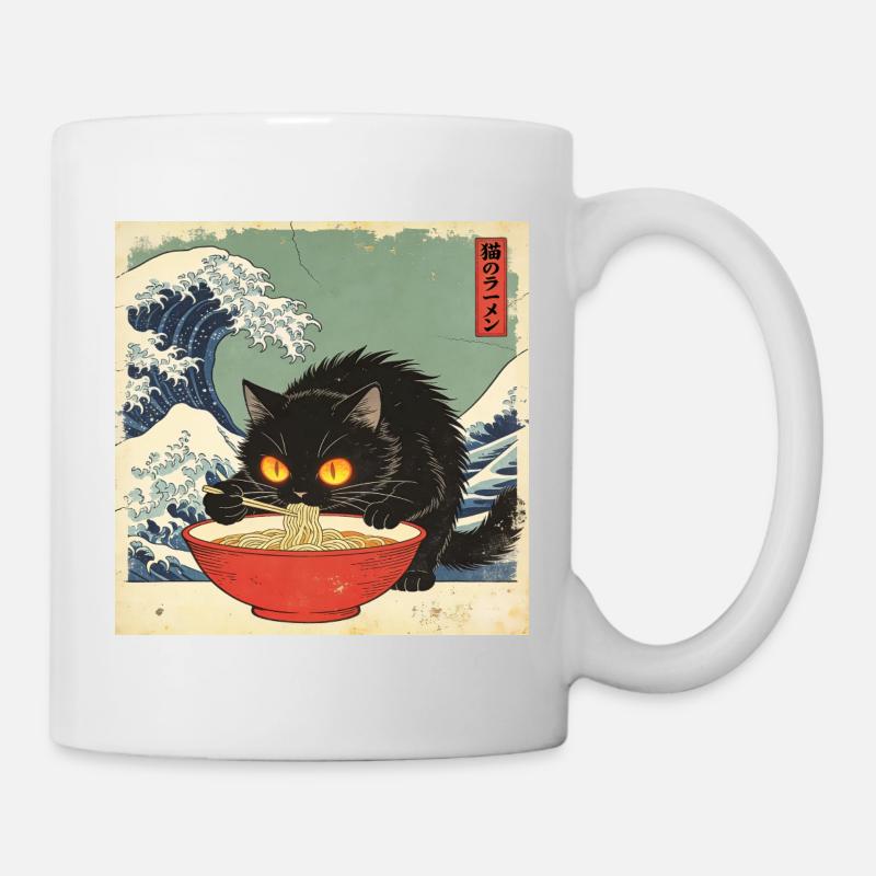 Japan Cat Ramen Nudeln Retro Wave Muster - Tasse - Weiß