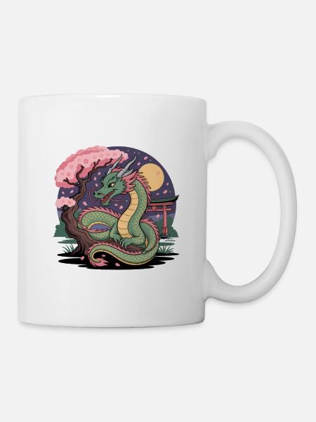 Drache Sakura unter dem Mond - Tasse - Weiß