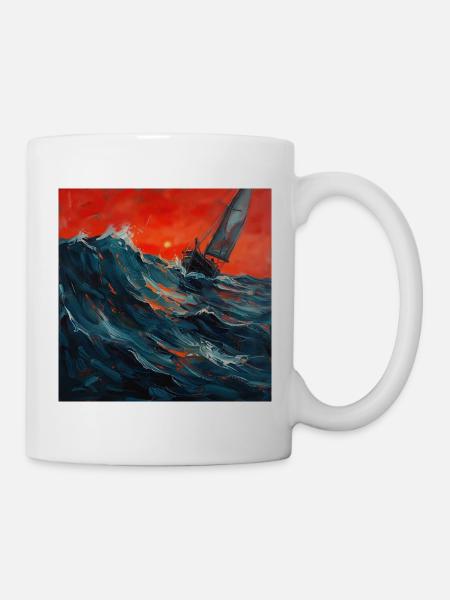 Rotes Abendlicht über Segelboot im Sturm - Tasse - Weiß