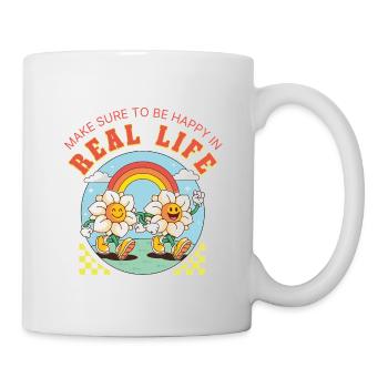 Be Happy in Real Life – Retro Blumen Spruch - Tasse - Weiß - Rechts