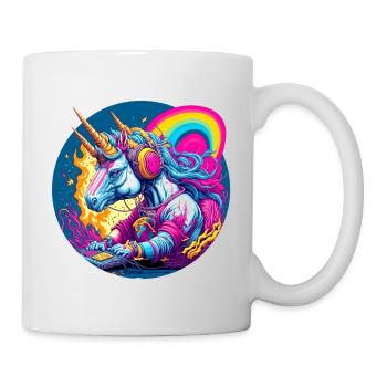 Unicorn DJ in neon rainbow - Mug - white - Right