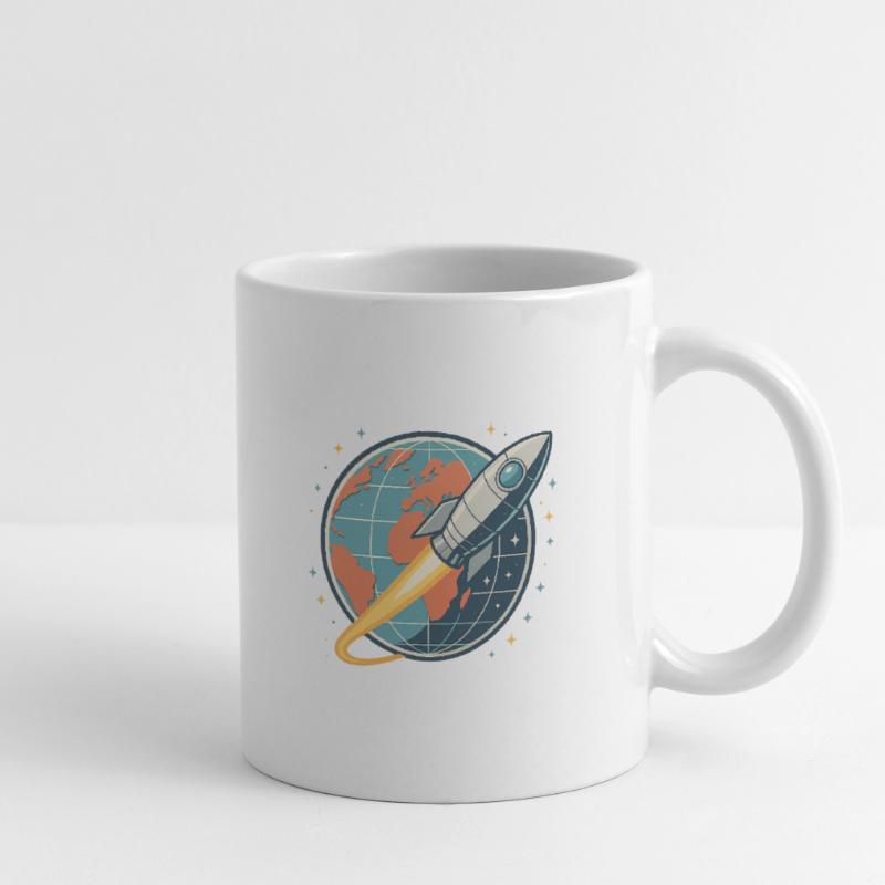 Rocket launch over globe Mug