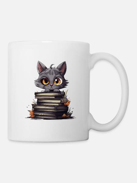 Kätzchen über Bücherstapel - Tasse - Weiß