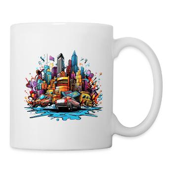 Bunte Stadtsilhouette mit Autos - Tasse - Weiß - Rechts