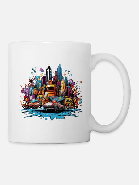 Bunte Stadtsilhouette mit Autos - Tasse - Weiß