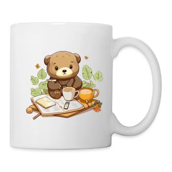 Cuddly bear reading with coffee - Mug - white - Right