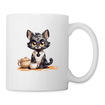 Kaffeezeit Katze mit Teekanne - Tasse - Weiß - Rechts