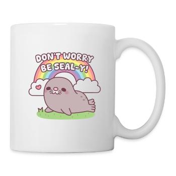 Mach dir keine Sorgen, sei siegelhaft, niedlich, dicker Robbe und Regenbogen - Tasse - Weiß - Rechts