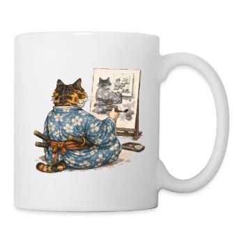 Samurai-Katzen-Malerei Sumi-e Ukiyo-e Kunst - Tasse - Weiß - Rechts