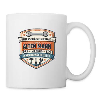 Alter Mann mit Schraubenschlüssel Badge - Tasse - Weiß - Rechts