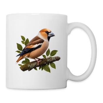 Kernbeißer auf bemoostem Ast – Naturgetreue Illust - Tasse - Weiß - Rechts