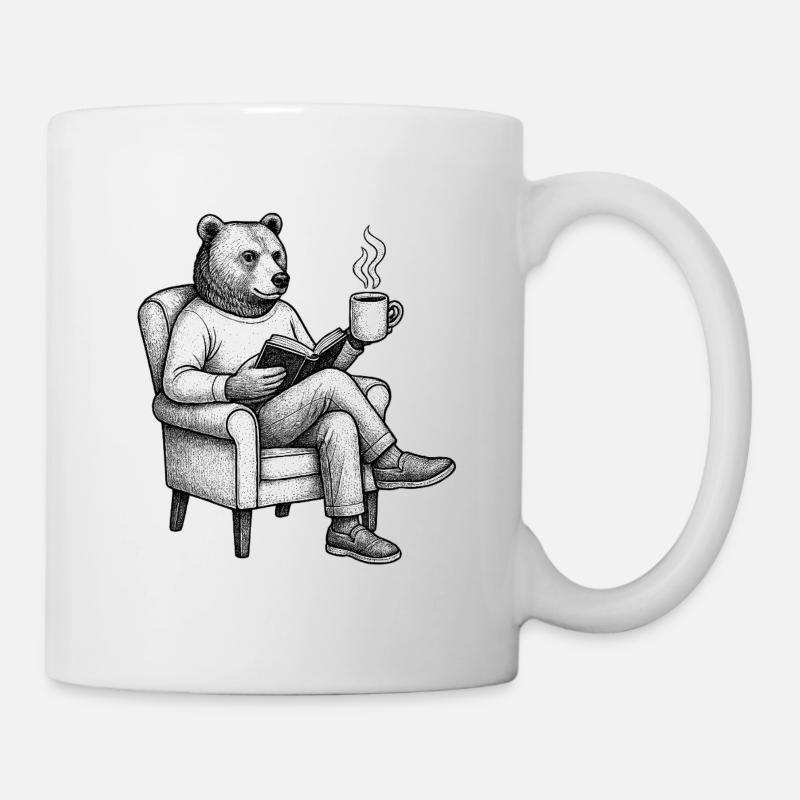Bärenleser mit Buch und Tasse - Tasse - Weiß