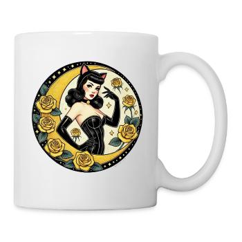 Mondbeschienenes Pinup-Katzenmädchen und Rosen - Tasse - Weiß - Rechts