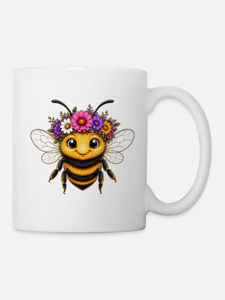 Wiesenbiene mit Blumenschmuck - Tasse - Weiß