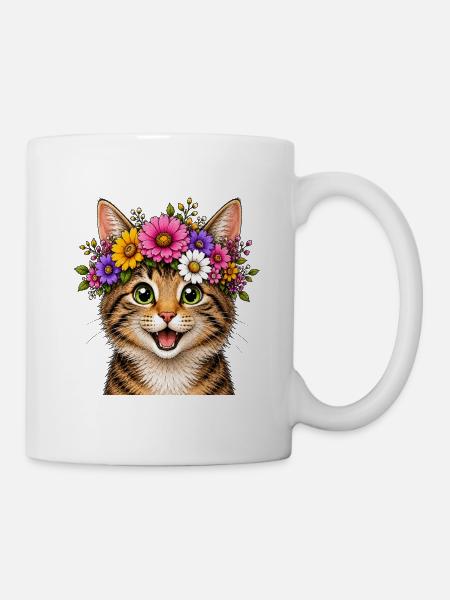 Katze mit Blumenschmuck  - Tasse - Weiß