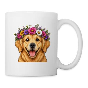 Lächelnder Hund mit Blumenschmuck  - Tasse - Weiß - Rechts