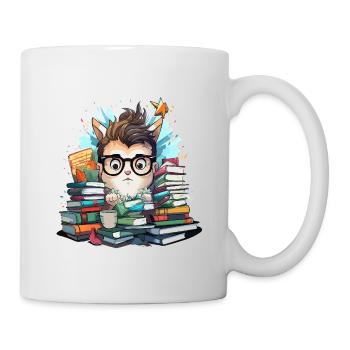 Bücherstapel-Katze mit Brille - Tasse - Weiß - Rechts
