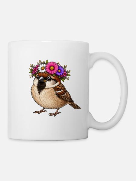 Vogel mit Blumenschmuck  - Tasse - Weiß