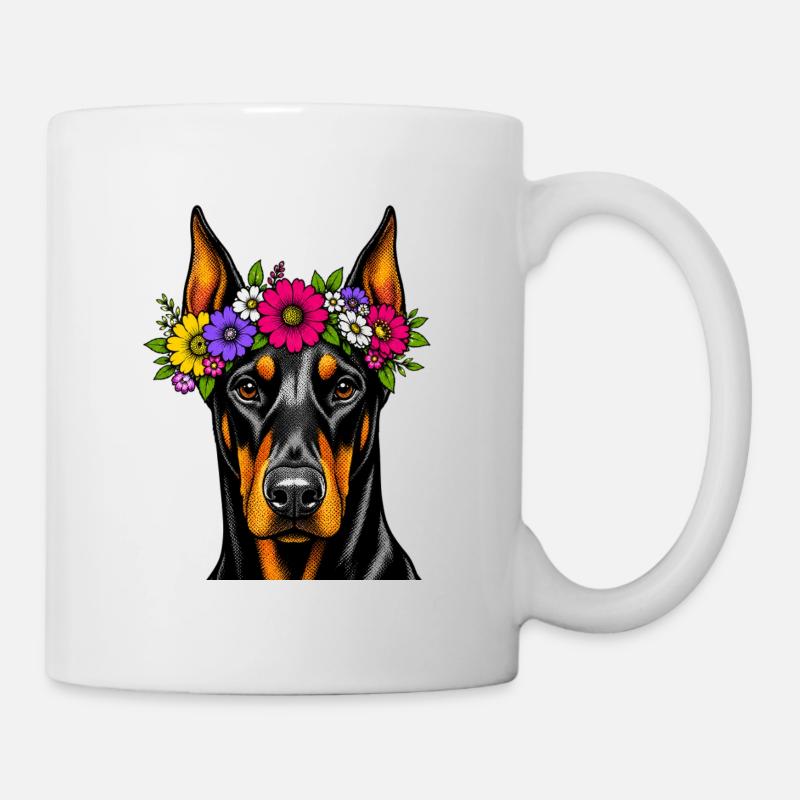 Portrait du Doberman en couronne de fleurs - Mug blanc - blanc
