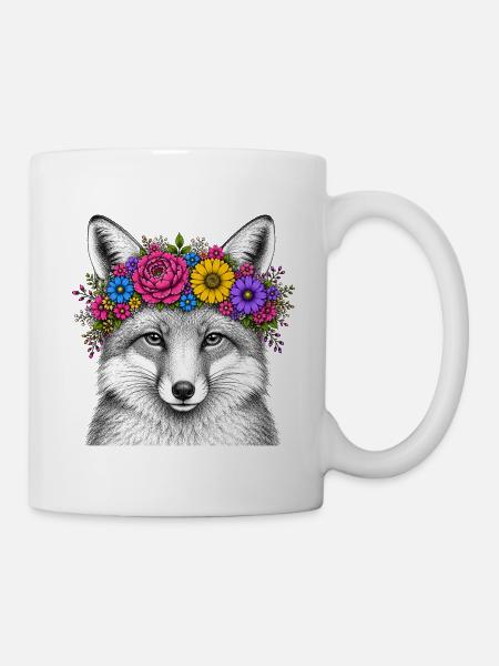 Fuchskopf mit Blumenkranz - Tasse - Weiß