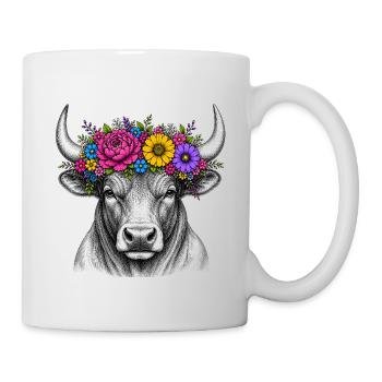 Blumenkranz-Stierkopf Illustration - Tasse - Weiß - Rechts