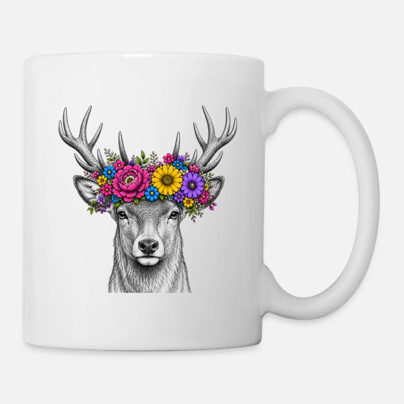 Portrait de cerf en forme de couronne florale - Mug blanc - blanc