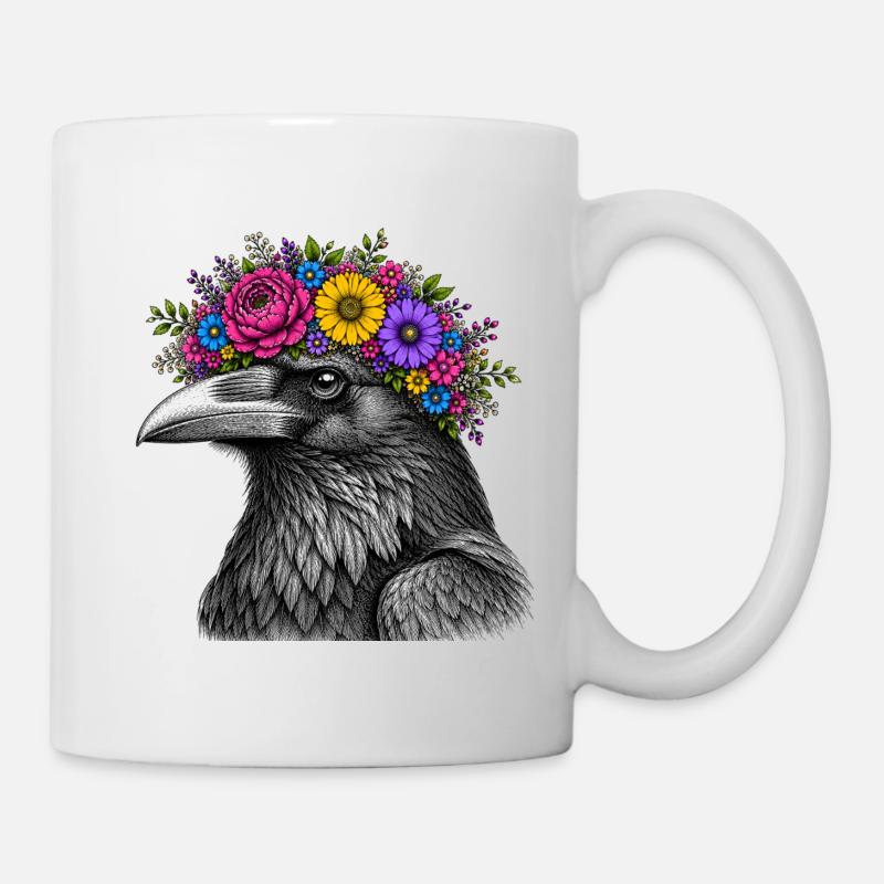 Tête de corbeau avec couronne de fleurs - Mug blanc - blanc