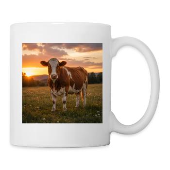 Sunset and cow in meadow - Mug - white - Right