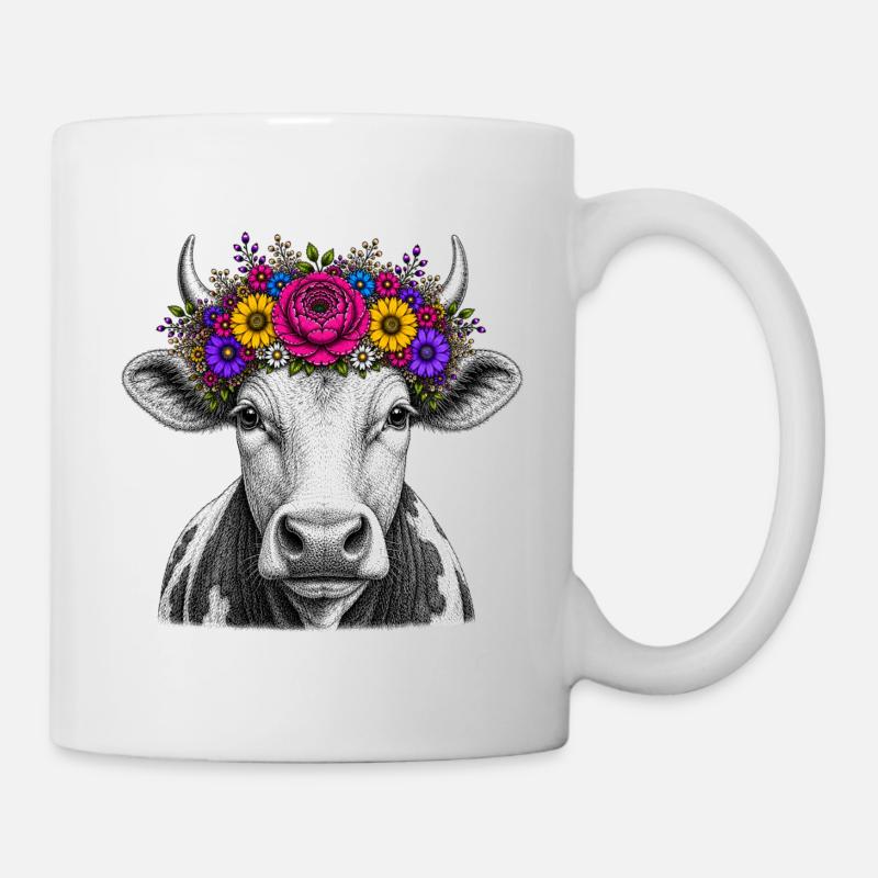 Vache avec couronne de fleurs - Mug blanc - blanc