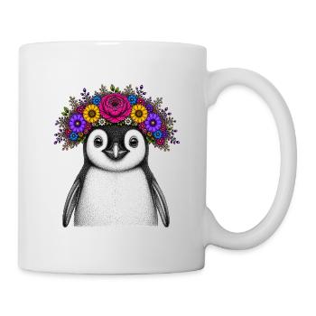 Pinguin mit Blumenkrone - Tasse - Weiß - Rechts