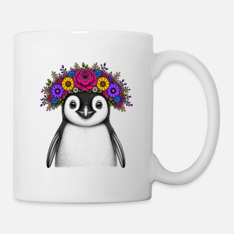 Pingouin avec couronne de fleurs - Mug blanc - blanc