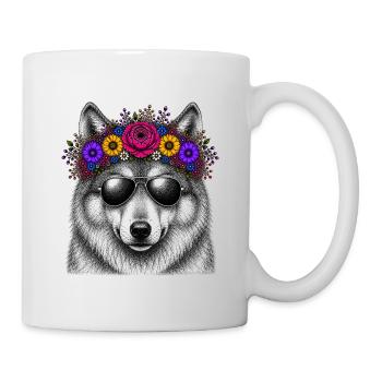 Loup avec une couronne de fleurs et des lunettes de soleil - Mug blanc - blanc - Droite