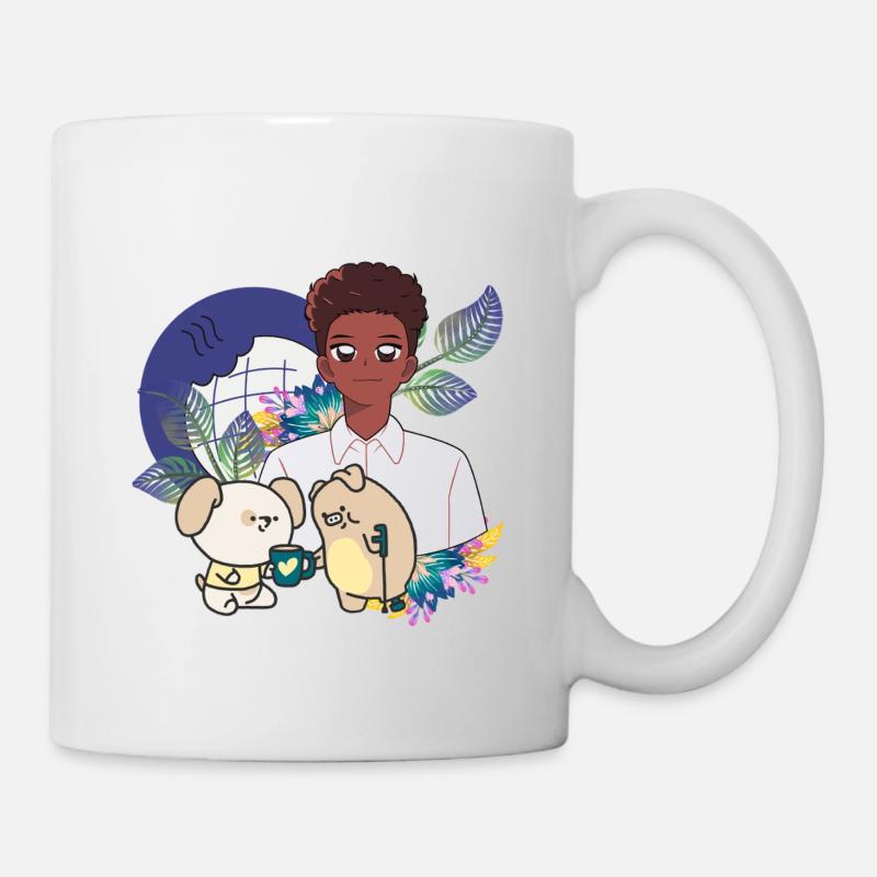 Anime-Junge und Tiere mit Krücken-Kunst - Tasse - Weiß