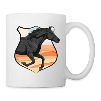Ein galoppierendes Abaga-Pferd, ein Wappen und eine Wüste - Tasse - Weiß - Rechts