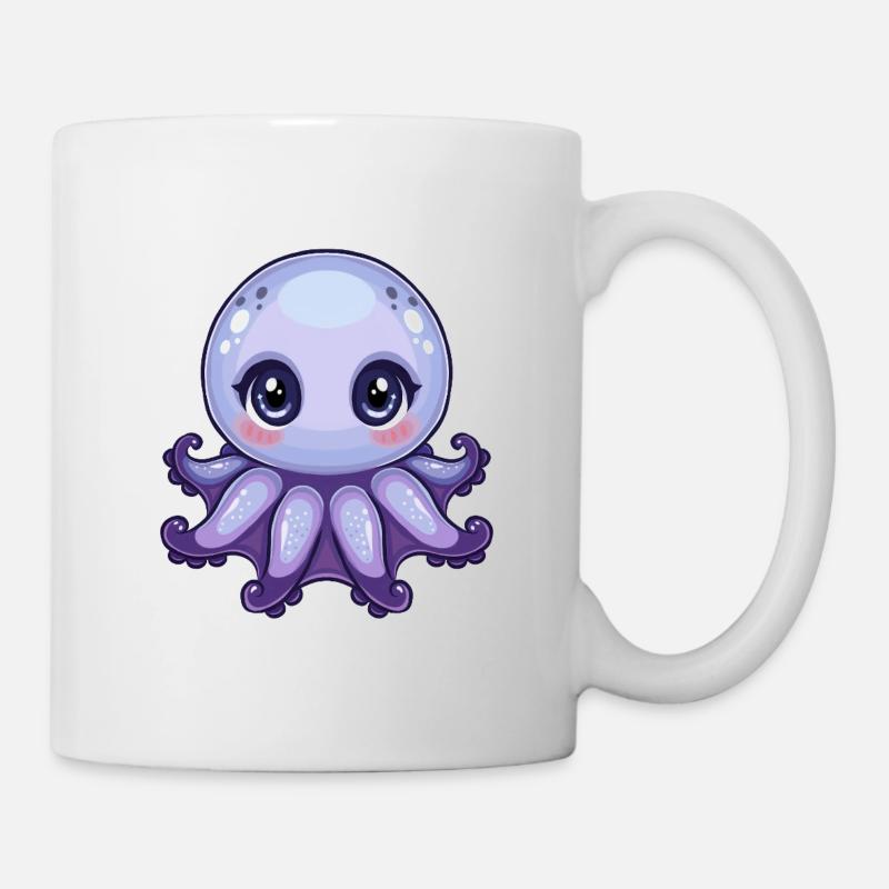 Kawaii Große Augen Lila Oktopus - Tasse - Weiß