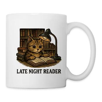 Nachtlesende Katze im Regal - Tasse - Weiß - Rechts