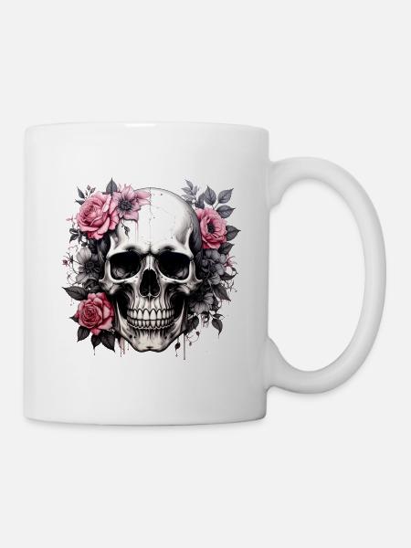 Totenkopf mit Blütenkrone - Tasse - Weiß