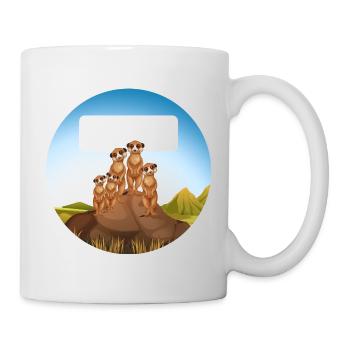 Schulaufkleber rund Erdmännchenfamilie auf Felsen - Tasse - Weiß - Rechts