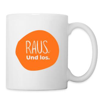 Raus. Und los. – Outdoor Design in Orange - Tasse - Weiß - Rechts